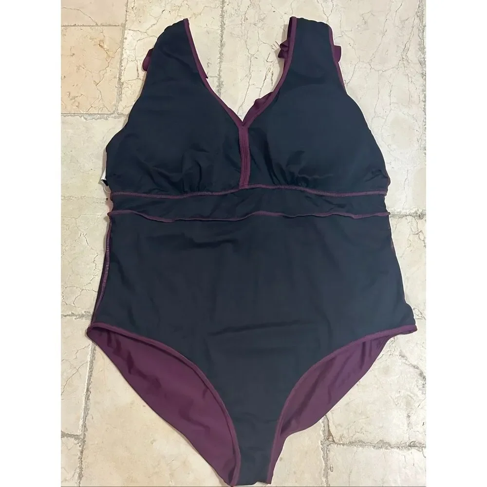 BloomChic Size 26 Deep Red Ruffle Trim Ruched One Piece Swimsuit NWT